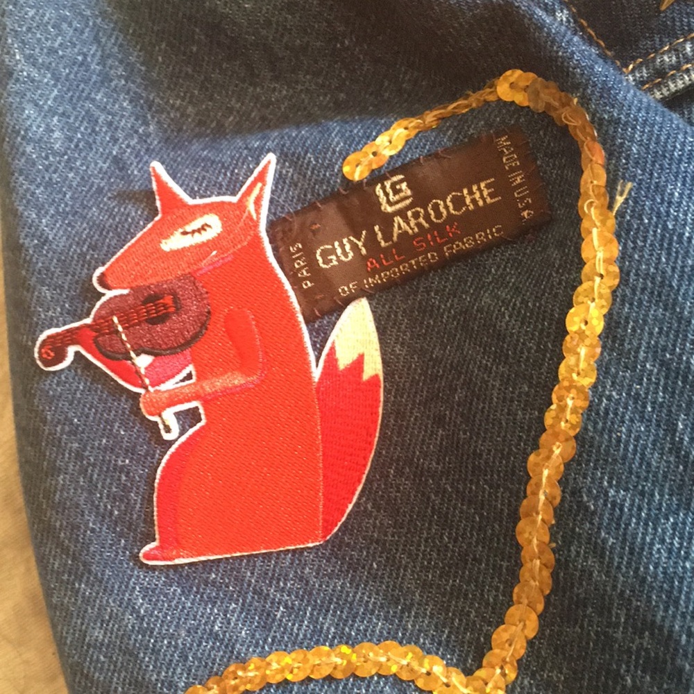 Guy Laroche scarf tie Hand Crafted Wearable Art Fox Hunt Denim Jacket Brooches - Picture 4 of 12